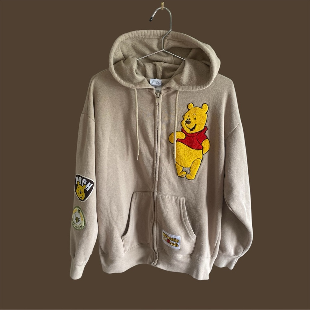Disney Winnie the Pooh Womens M Full Zip Embroidered Hoodie Sweatshirt Sand